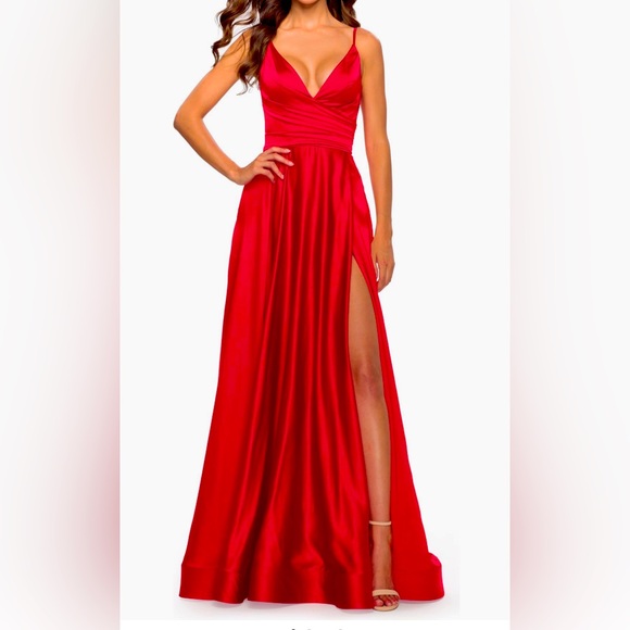 La Femme Dresses & Skirts - La Femme Red Satin Deep V-neck A-line Gown Formal Gown Prom Size 12